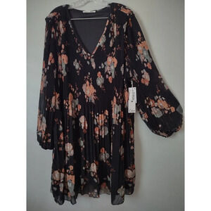 NWT Dex Womens Sz 2XL Pleated Black W/Floral Print Black Long Sleeve Shift Dress